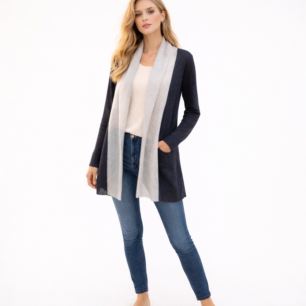 White + Warren Cashmere Open Front Black Gray Cardigan SIZE S